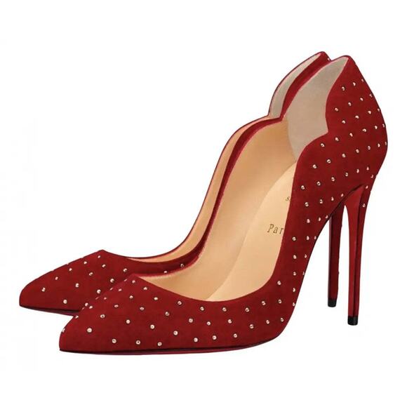 Christian Louboutin Hot Chick Plume 100 Red Carmen Stud Suede Heel Pump 37.5